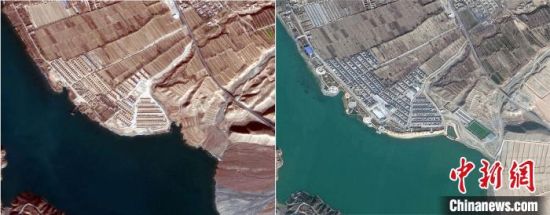 图为青海省尖扎县德吉村2016年建设初期(左)与2020年的对比。青海省地质调查院 供图