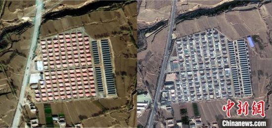 图为中国“土乡”班彦新村2016年建设期间(左)与2019年的对比。青海省地质调查院 供图