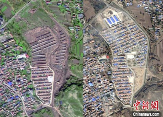 图为西宁市湟中区田家寨镇易地搬迁扶贫项目2017年建设期间(左)与2020年的对比。青海省地质调查院 供图